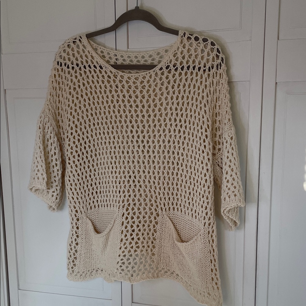 Cream Crochet Open-Knit Short-Sleeve Sweater with Large Pockets